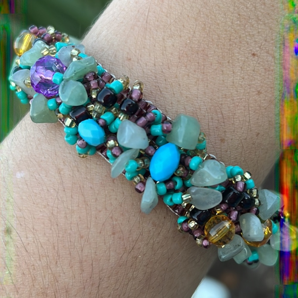 Mermaid green blue purple caterpillar stone hand beaded bracelet